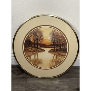Vintage Windsor Art "Contour‎ Trees 3" Gold Roundf Framed Art Signed By Artist